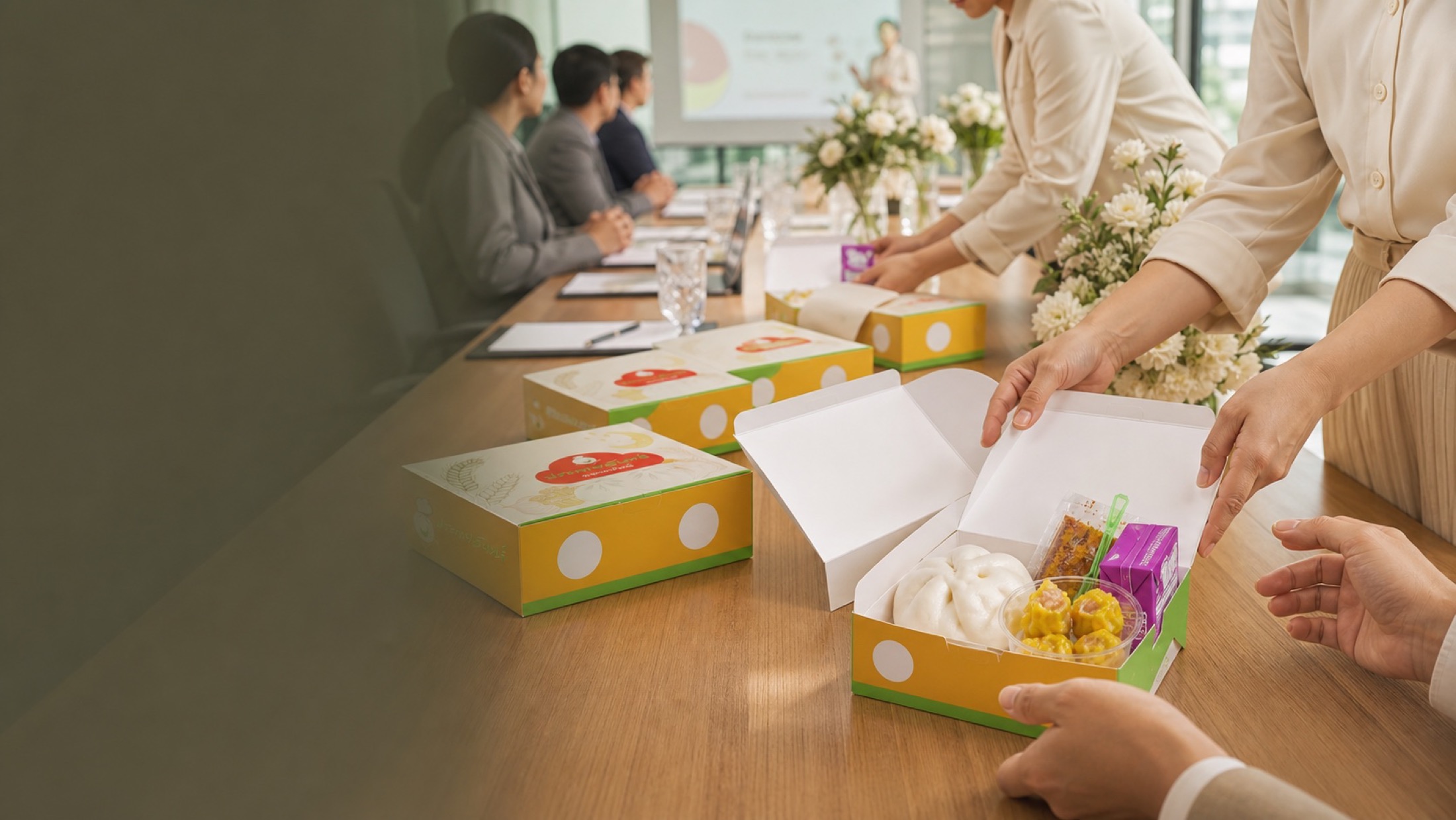 ทีมงานกำลังจัด Snack Box ซาลาเปาทับหลี ประกายจันทร์ บนโต๊ะประชุมสำหรับงานสัมมนา